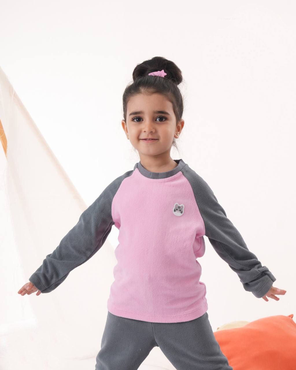 Warm Fleece Pajamas for Girls – Pink Top with Cat Detail