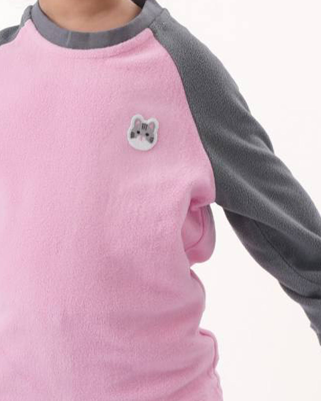 Warm Fleece Pajamas for Girls – Pink Top with Cat Detail