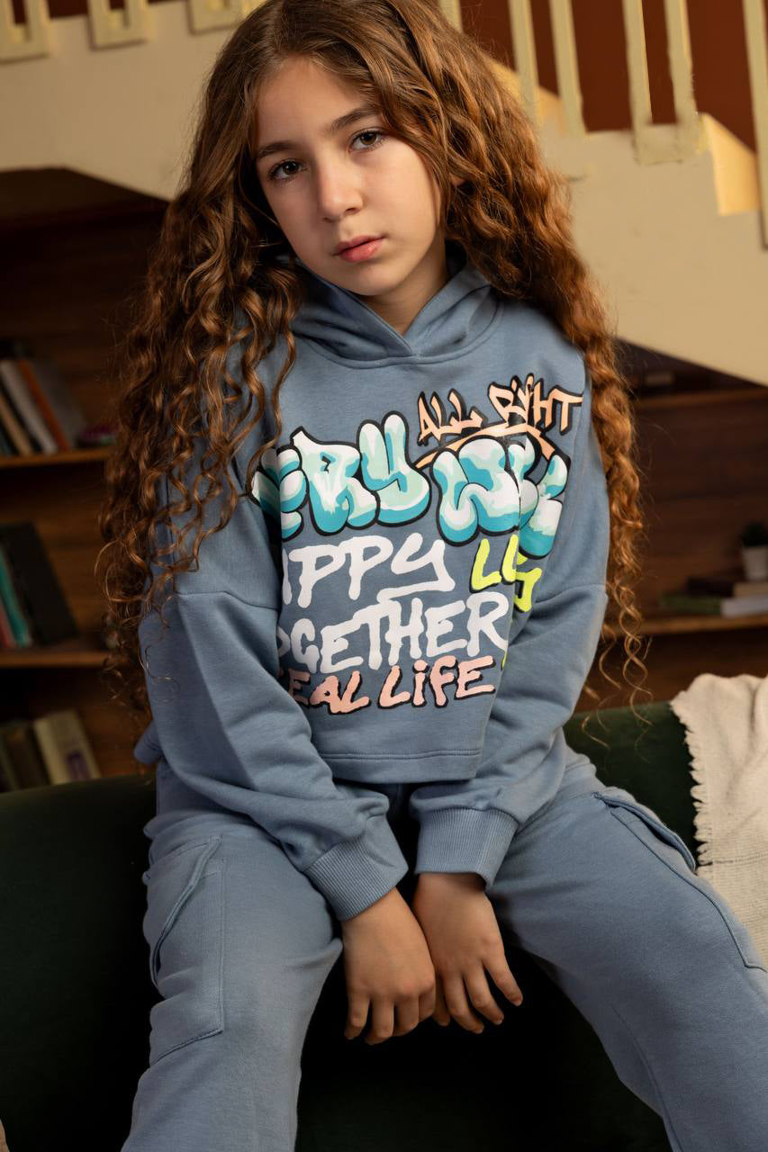 Graffiti Print Hoodie & Cargo Pants  summer melton Set”