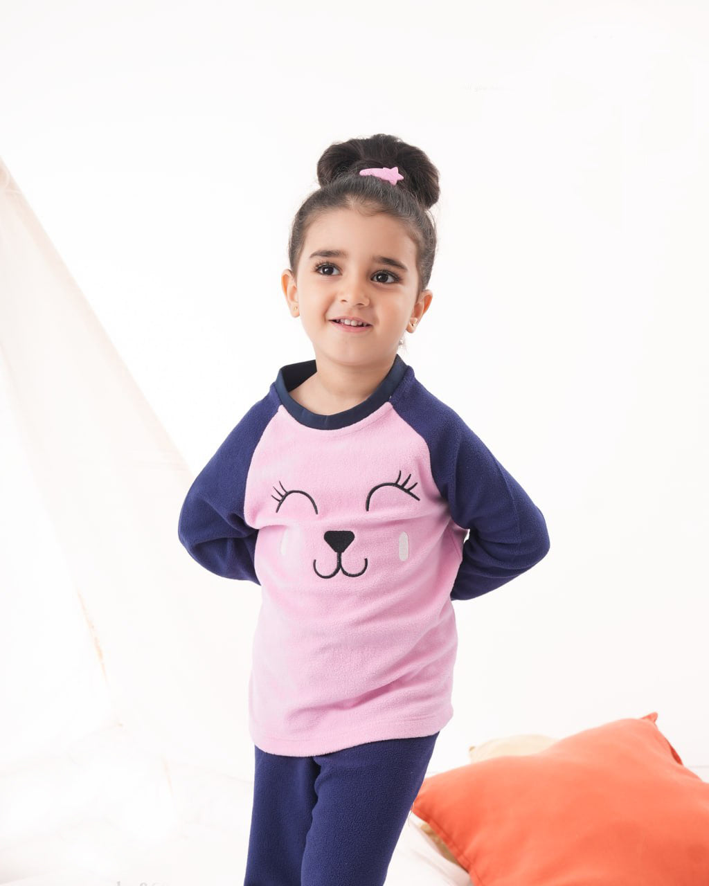 Girls Fleece Pajama Set – Pink & Navy Cute Face Print Sleepwear