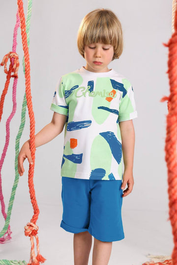 Kids Abstract Print Summer Set – White Graphic T-Shirt & Blue Shorts