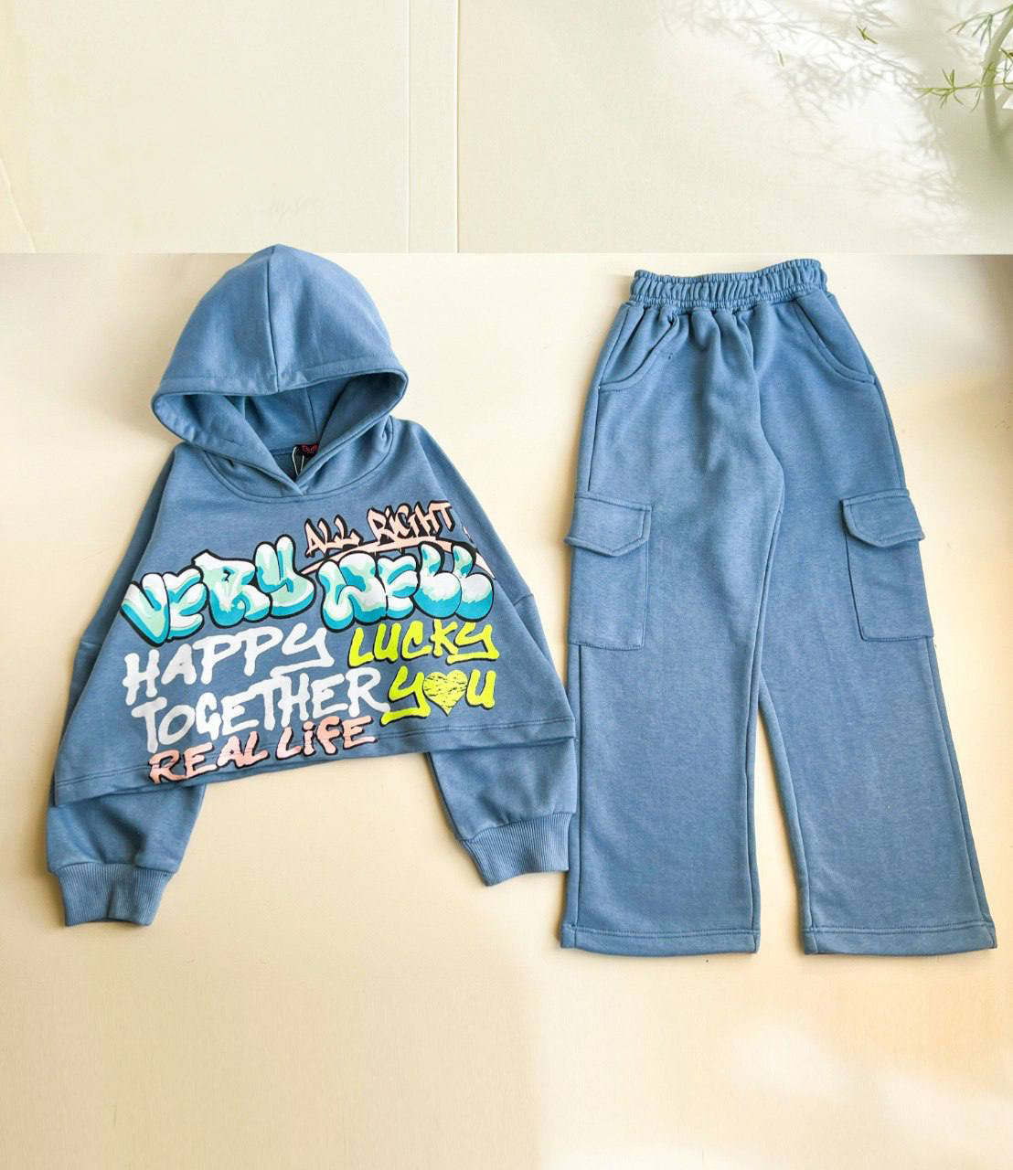 Graffiti Print Hoodie & Cargo Pants  summer melton Set”