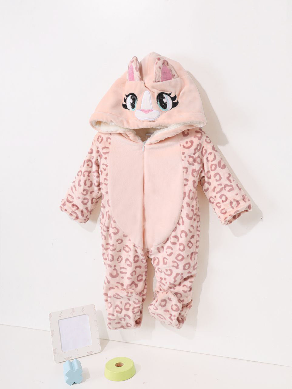 Pink Leopard Baby Winter Romper – Cozy Fleece Hooded Suit with Cute Ears