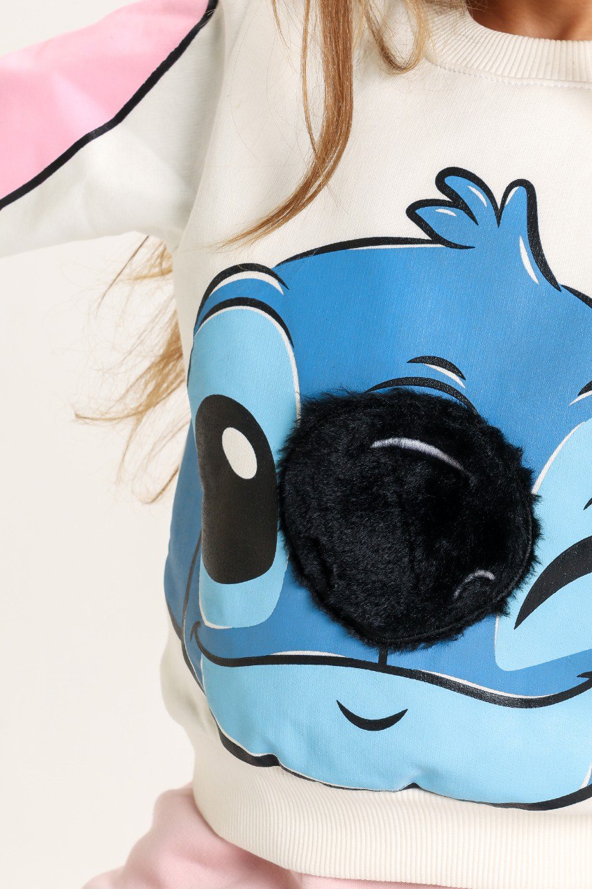 Girls’ Stitch Melton Cotton suit –white & Blue Cartoon Design with Furry Detail