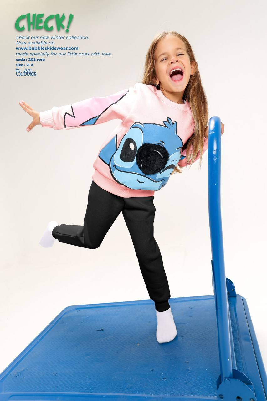 Girls’ Stitch Melton Cotton suit – Pink & Blue Cartoon Design with Furry Detail