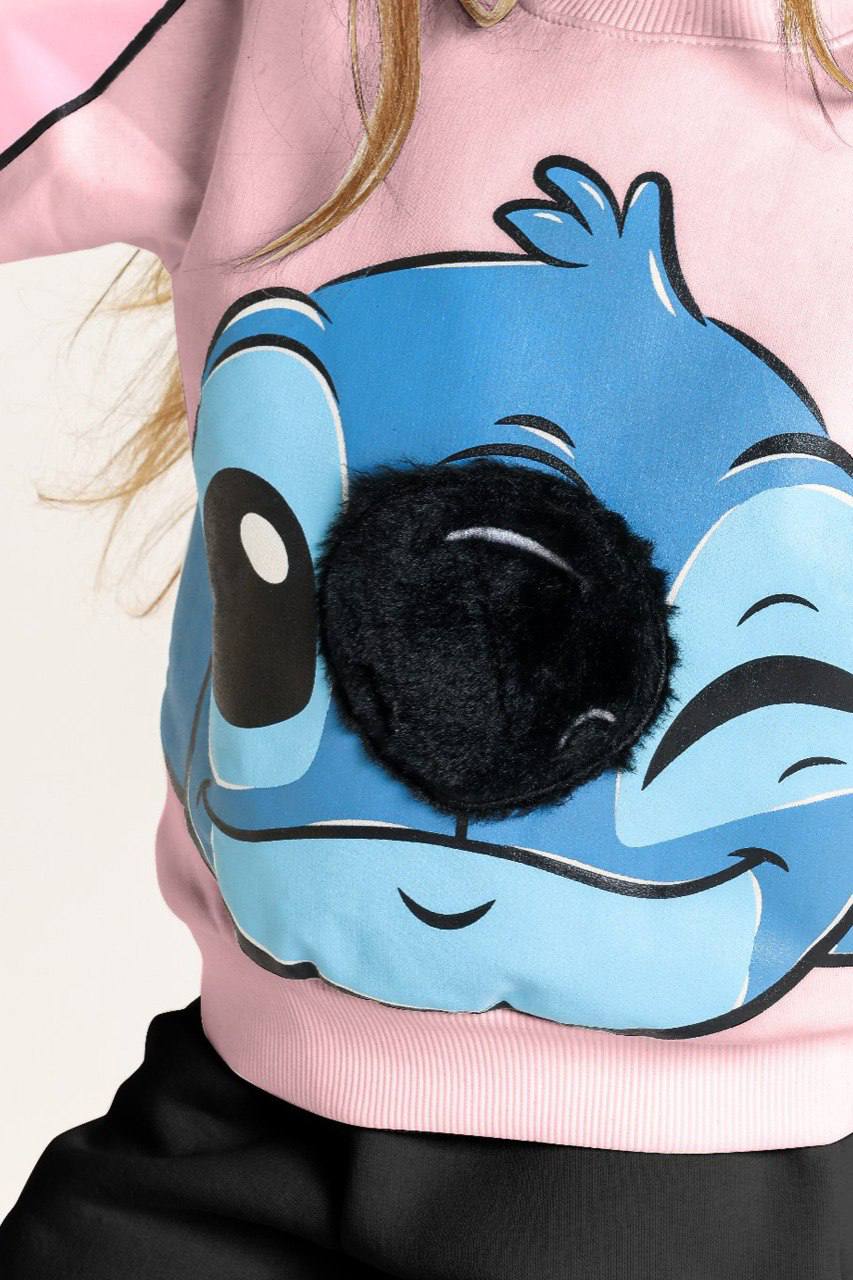 Girls’ Stitch Melton Cotton suit – Pink & Blue Cartoon Design with Furry Detail