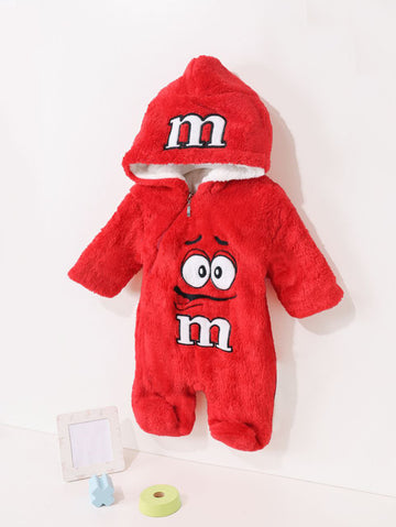 Red Fleece Hooded Suit with M&M Cartoon Design_Baby Winter Romper