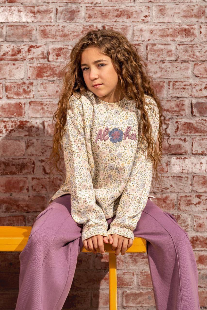 Girls Casual Outfit – Floral “Aloha” Top & Purple Cargo Pants