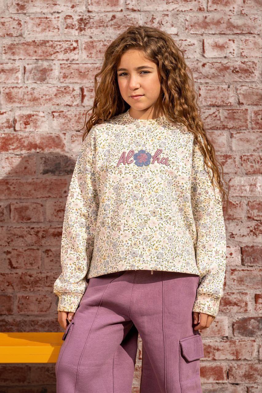 Girls Casual Outfit – Floral “Aloha” Top & Purple Cargo Pants