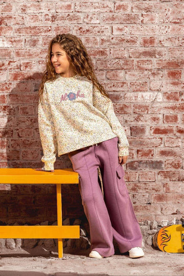 Girls Casual Outfit – Floral “Aloha” Top & Purple Cargo Pants