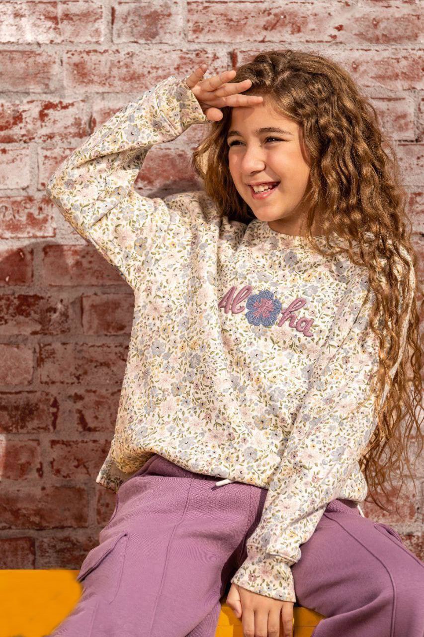 Girls Casual Outfit – Floral “Aloha” Top & Purple Cargo Pants