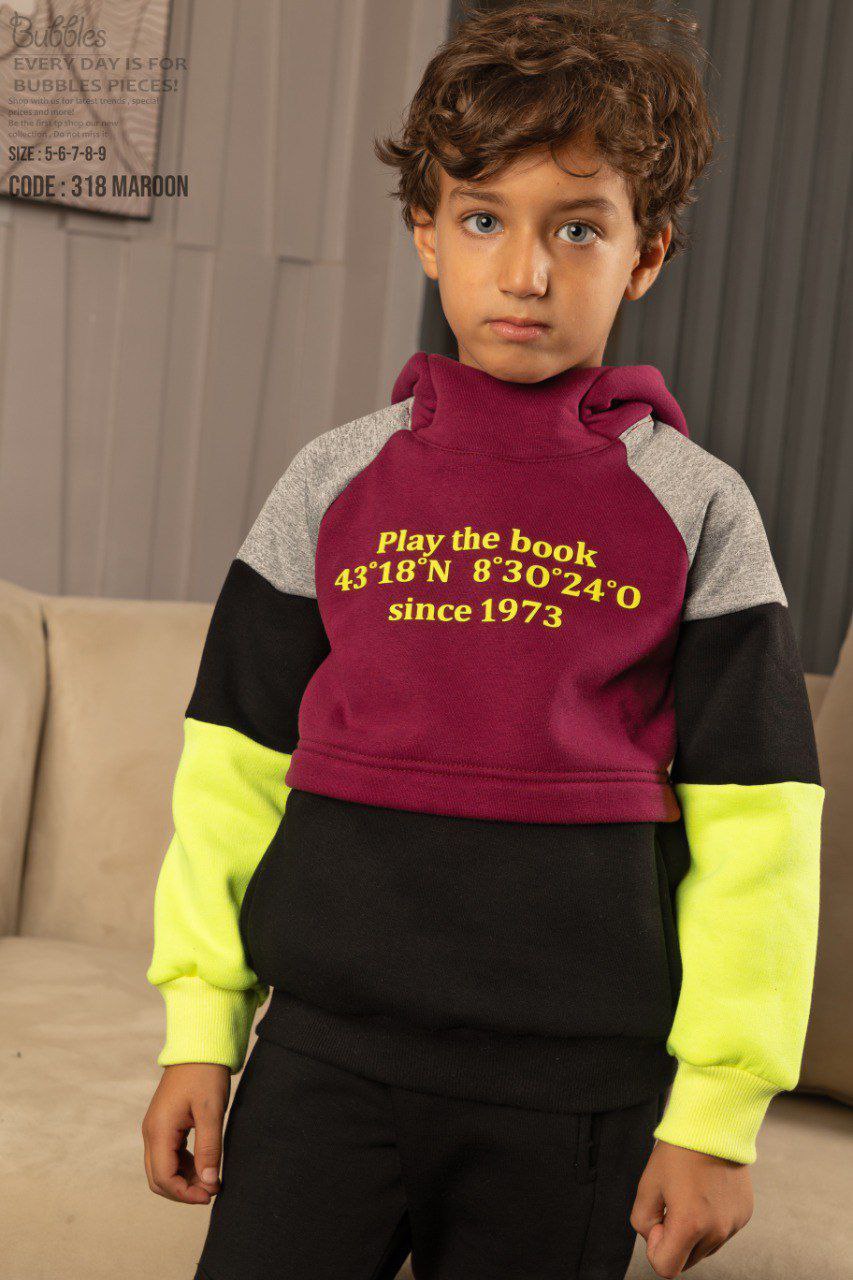 Boys’ Color Block Hoodie Set – Maroon & Black