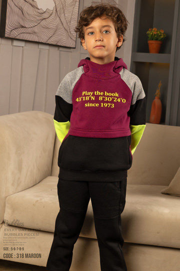 Boys’ Color Block Hoodie Set – Maroon & Black