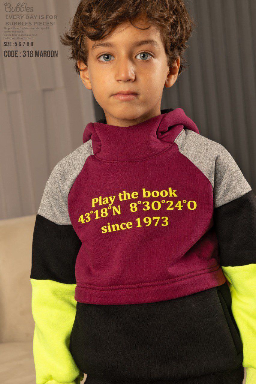 Boys’ Color Block Hoodie Set – Maroon & Black