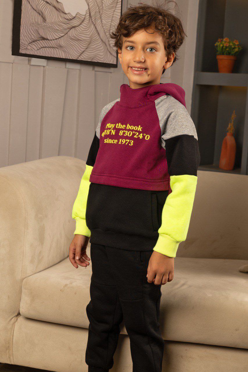 Boys’ Color Block Hoodie Set – Maroon & Black