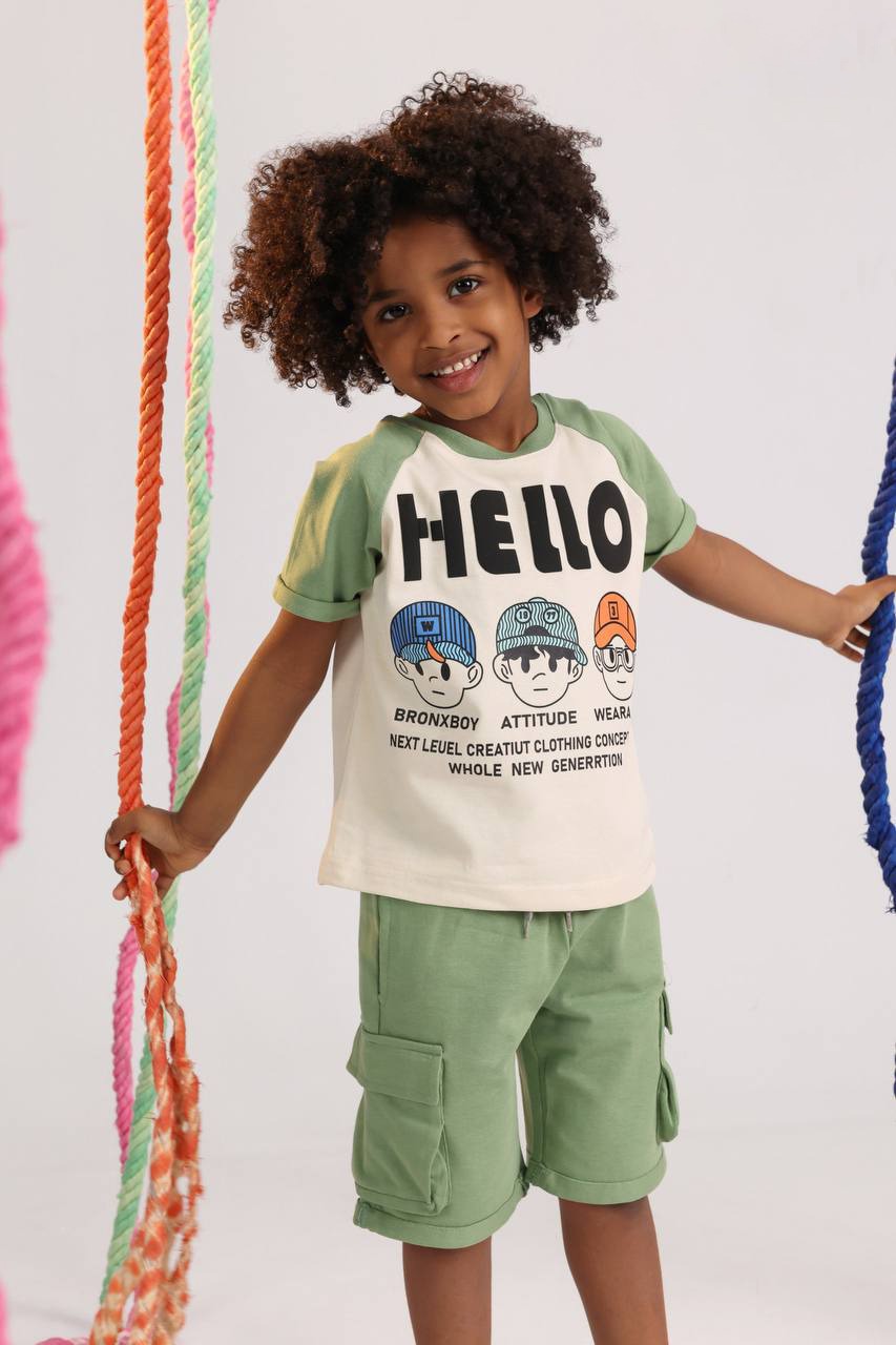 Hello Boys Casual Summer Set – Printed T-Shirt & Green Cargo Shorts