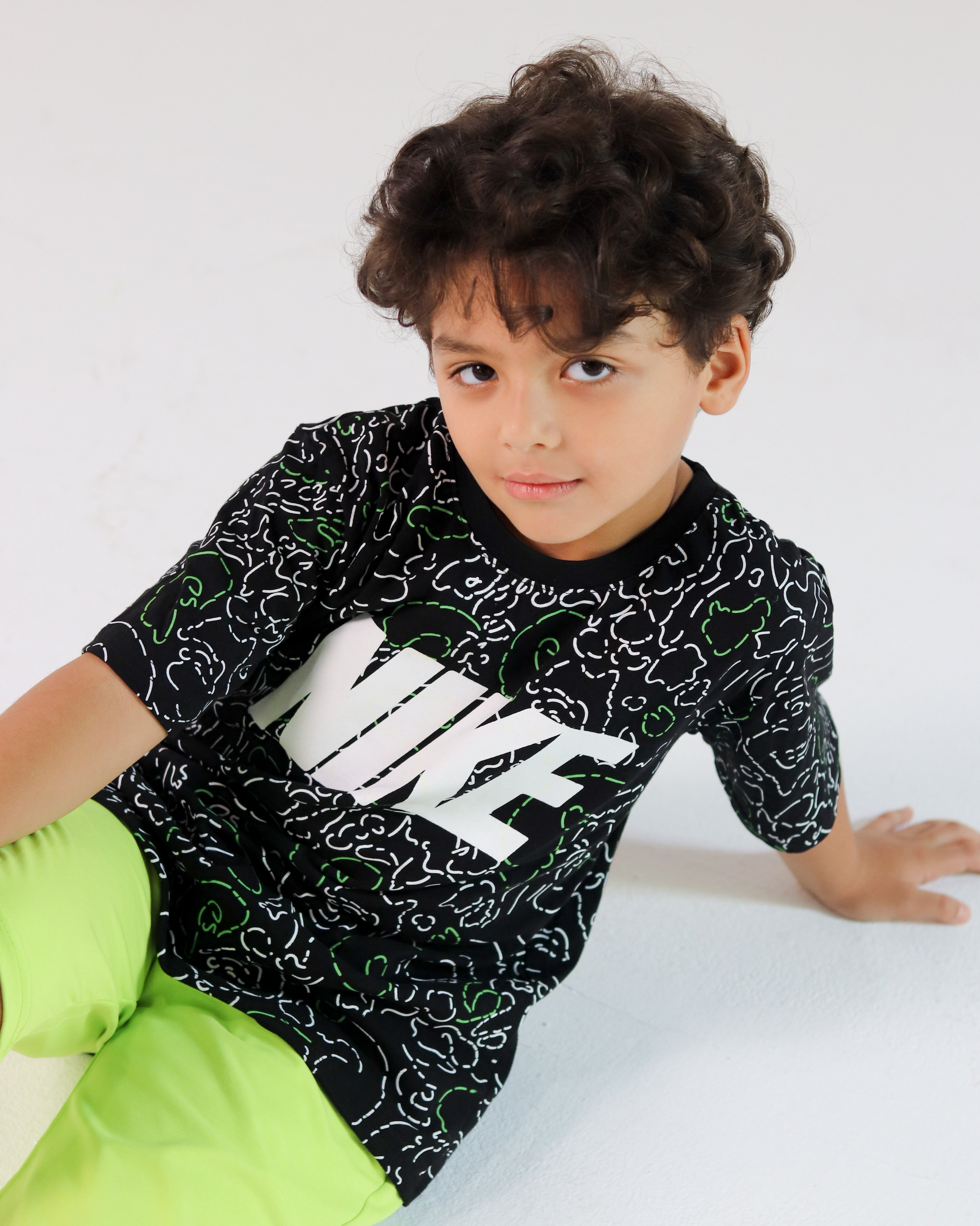 Nike Boys' Neon Green Active Set – Printed Black Tee & Shorts