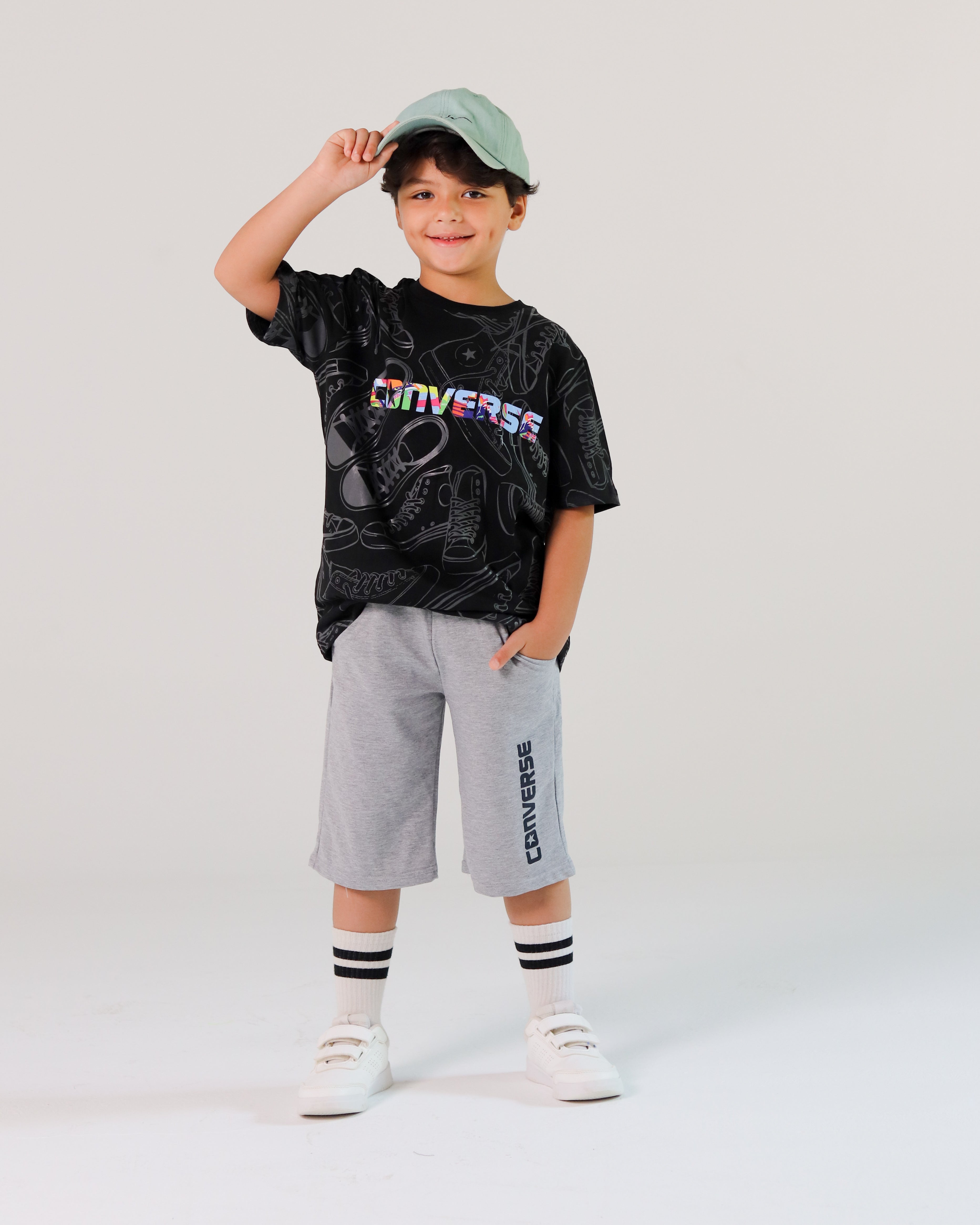 Boys’ Converse Graphic Sports Set – Grey Tee & Black Shorts for Basketball & Play