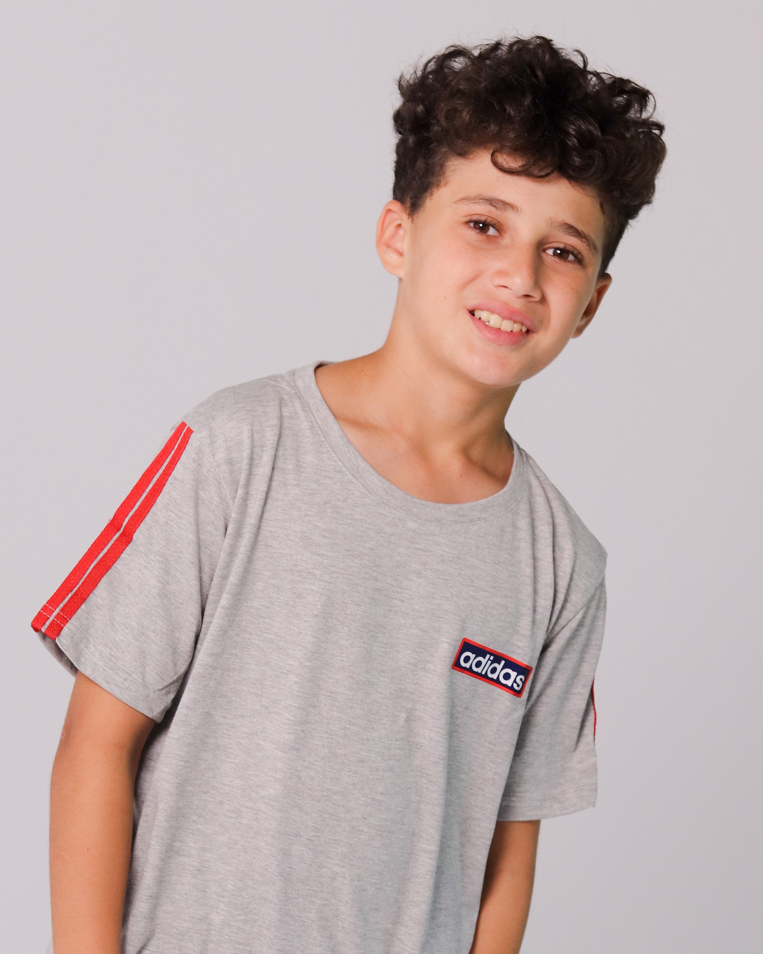 Adidas-Inspired Boys’ Summer Set – grey Tee with red Stripes & black Shorts