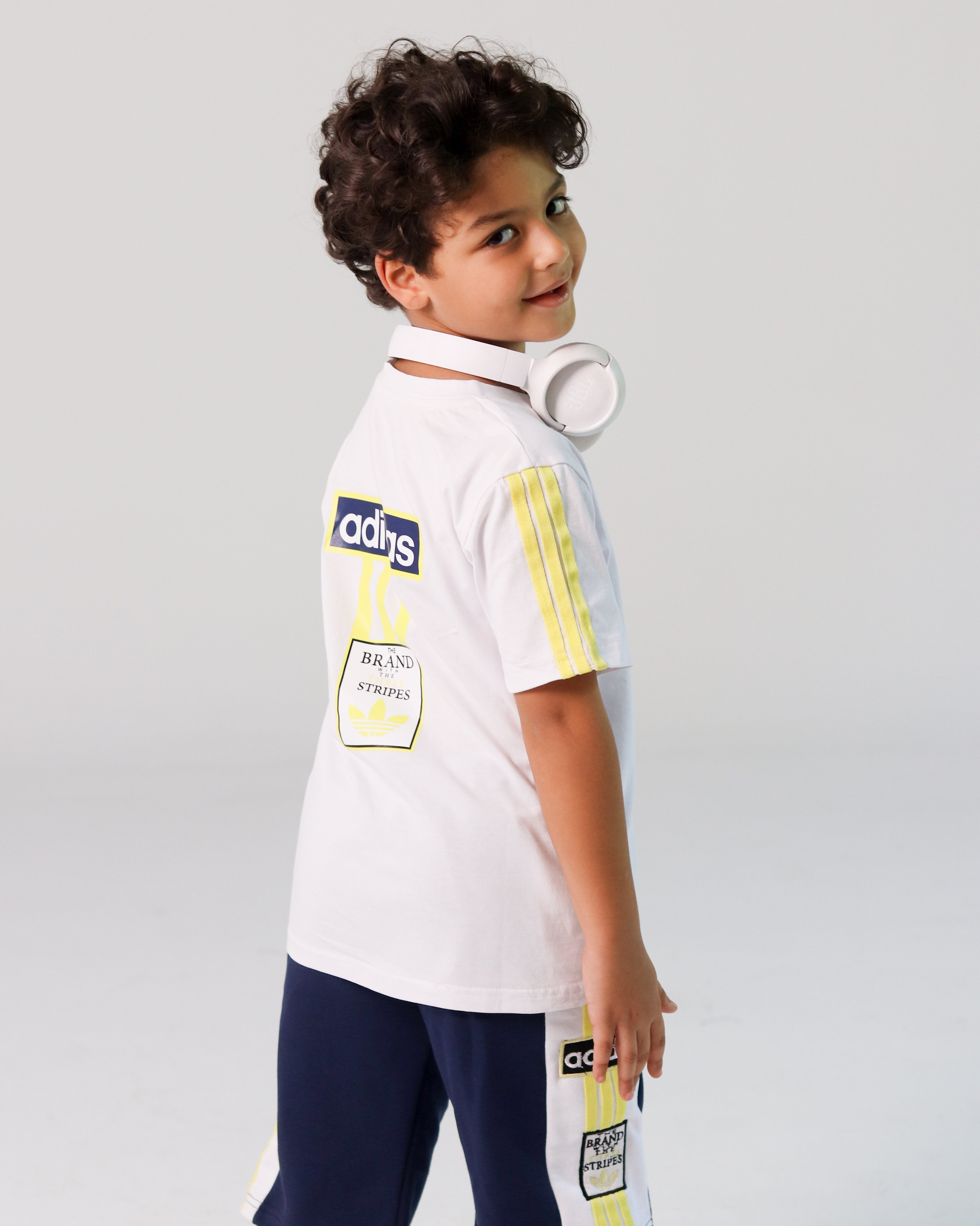 Adidas-Inspired Boys’ Summer Set – White Tee with Yellow Stripes & Navy Shorts