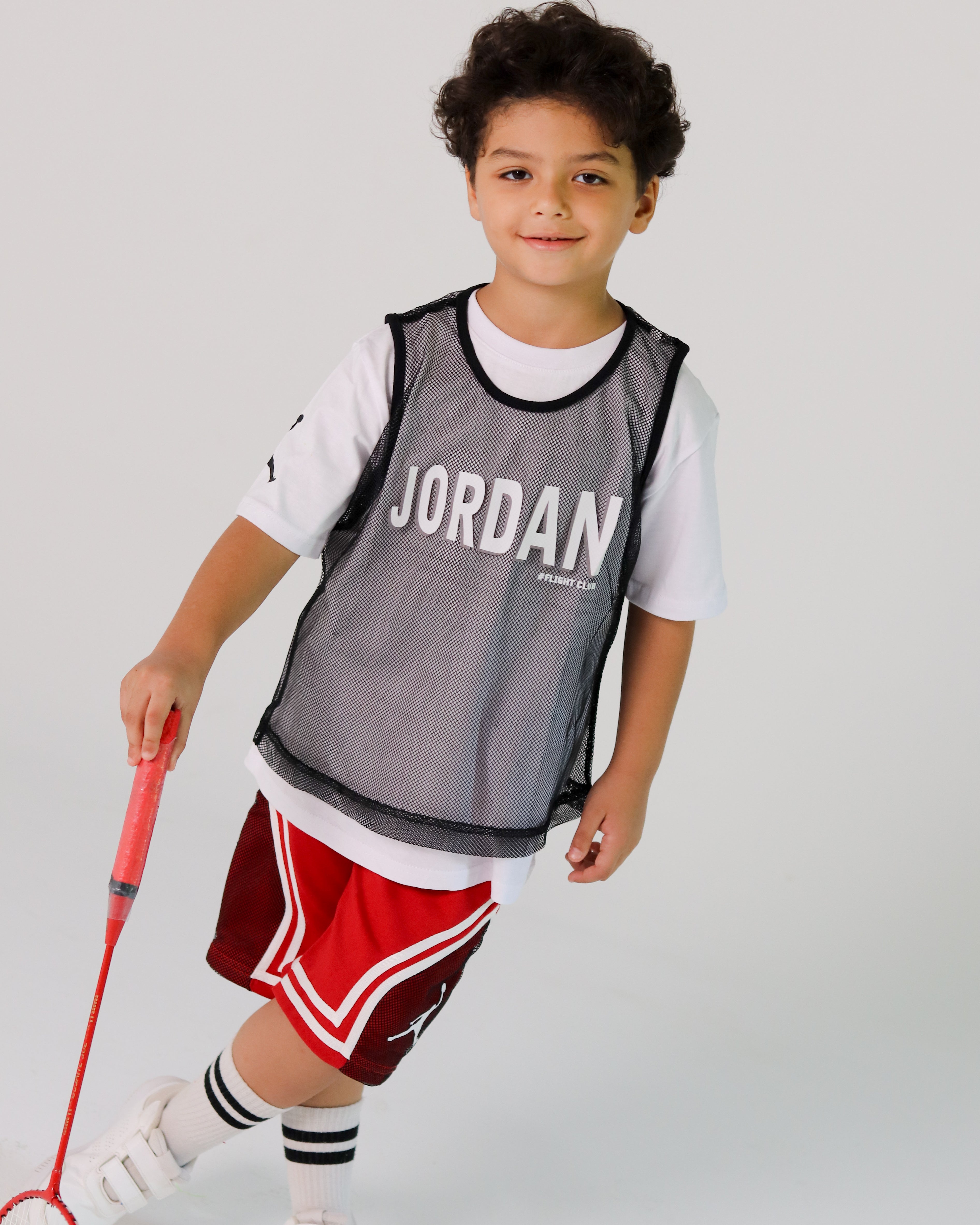 Jordan Basketball Boys' Set – Mesh Tank Over White Tee & Red Shorts