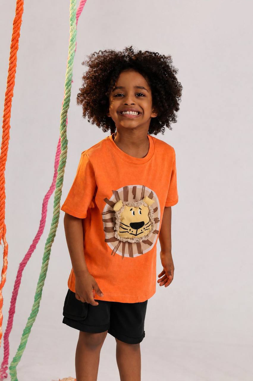 Kids Lion Graphic Summer Set – Orange T-Shirt & Black Shorts