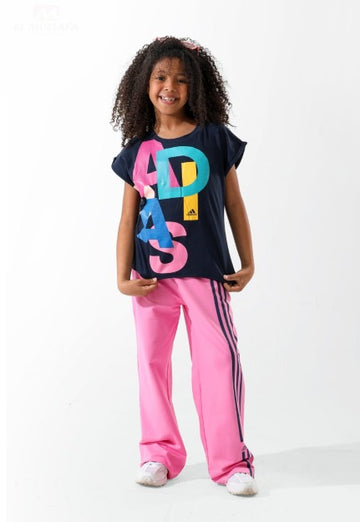 Kids Navy Graphic T-Shirt with Pink Track Pants Set