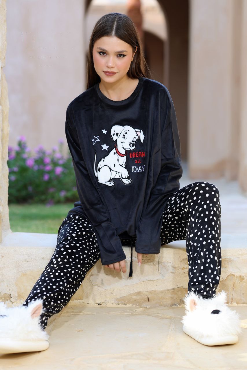 Women’s Black Velvet Winter Pajama Set – “Dream All Day” Printed Top & Polka Dot Pants