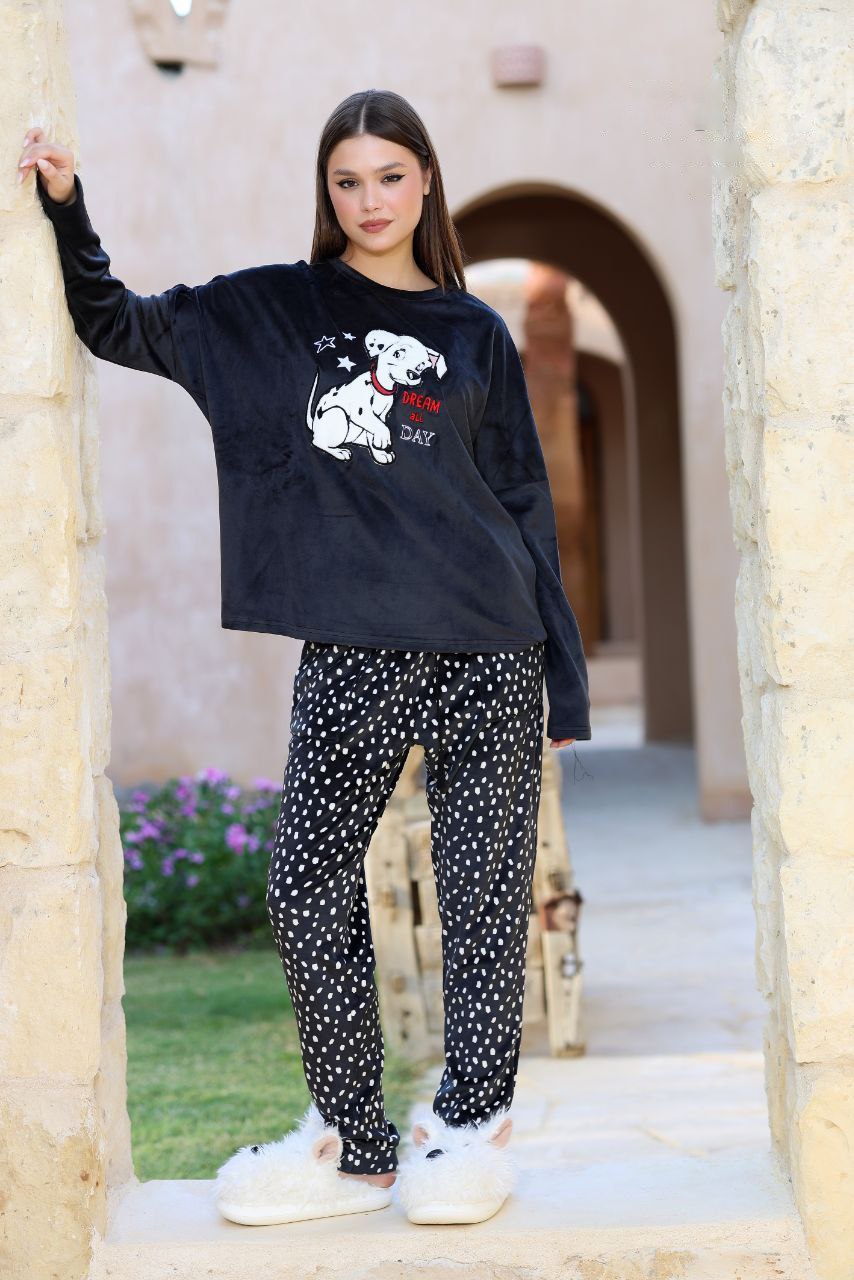 Women’s Black Velvet Winter Pajama Set – “Dream All Day” Printed Top & Polka Dot Pants