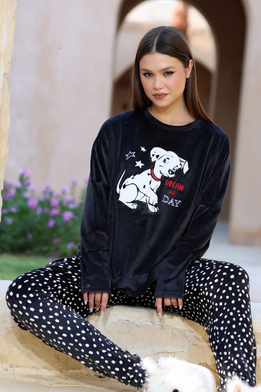 Women’s Black Velvet Winter Pajama Set – “Dream All Day” Printed Top & Polka Dot Pants