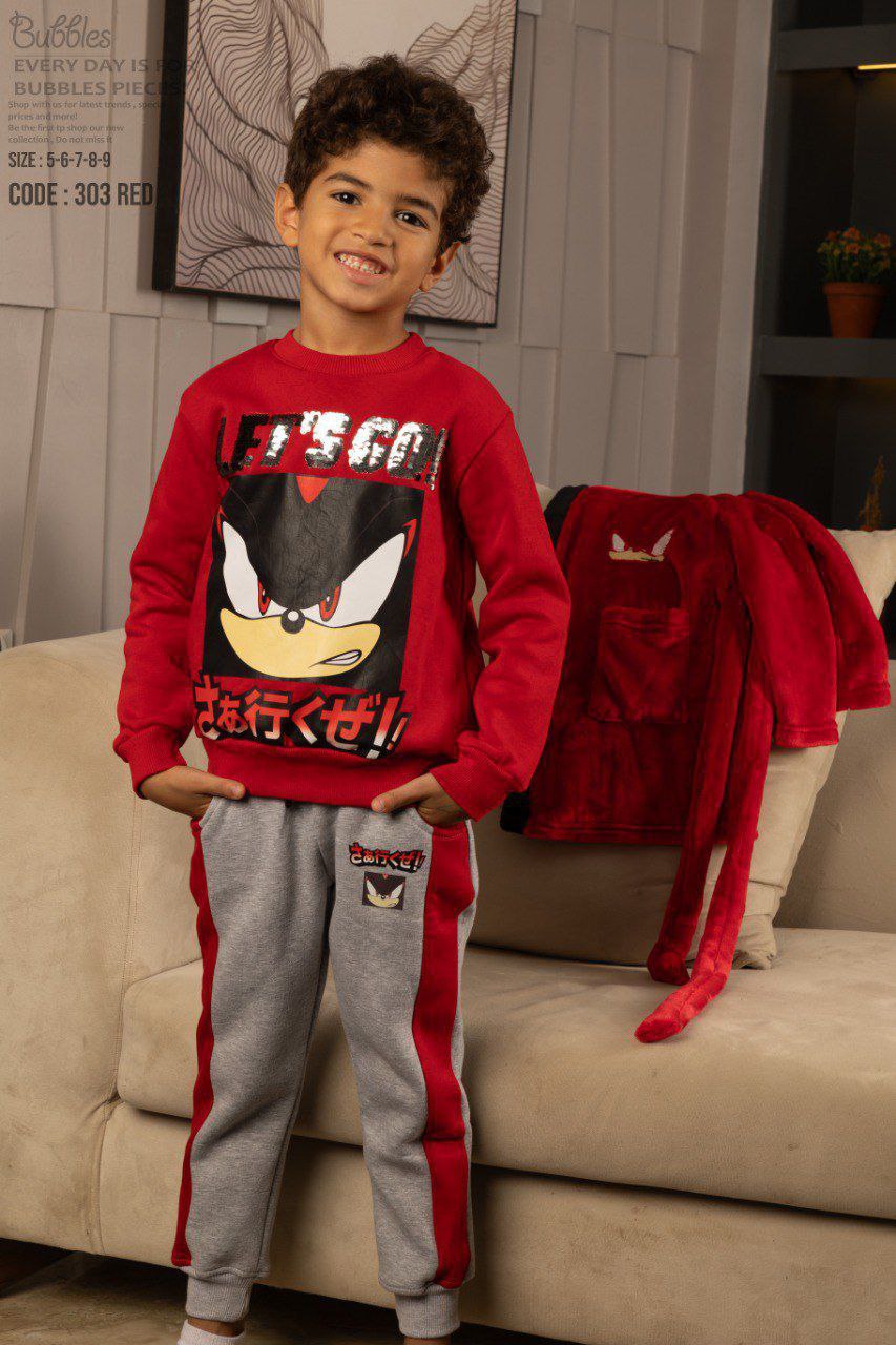 Boys’ Sonic Winter Pajama Set with Robe – Red & Grey (3pieces)