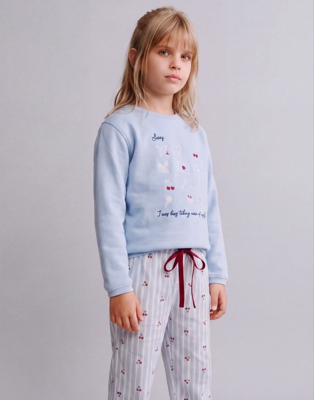 Girls’ Sweet Cherry Blue Sweatshirt & Printed Pants Set
