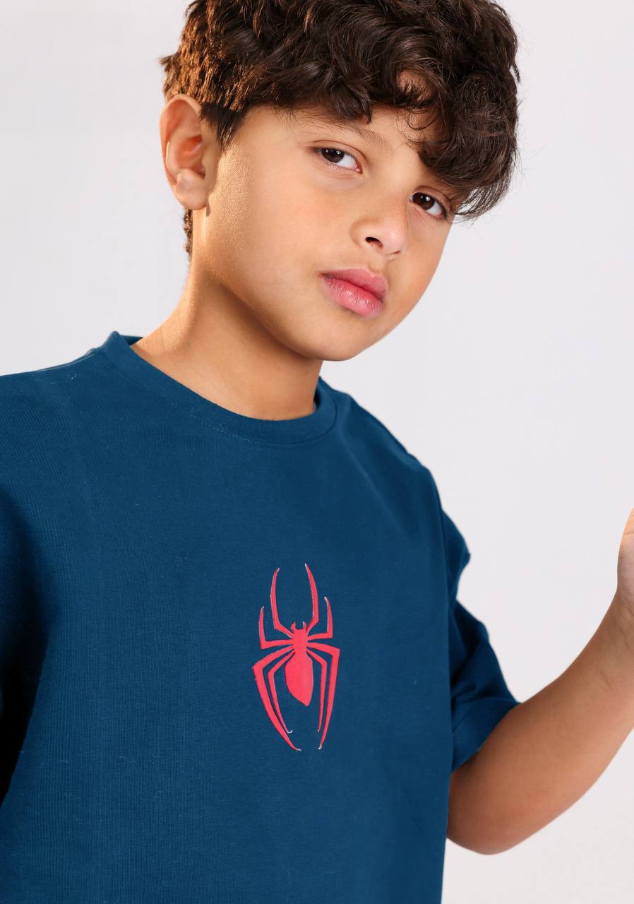 Boys Oversized Spider Graphic Set – Navy T-Shirt & Wide Leg Pants