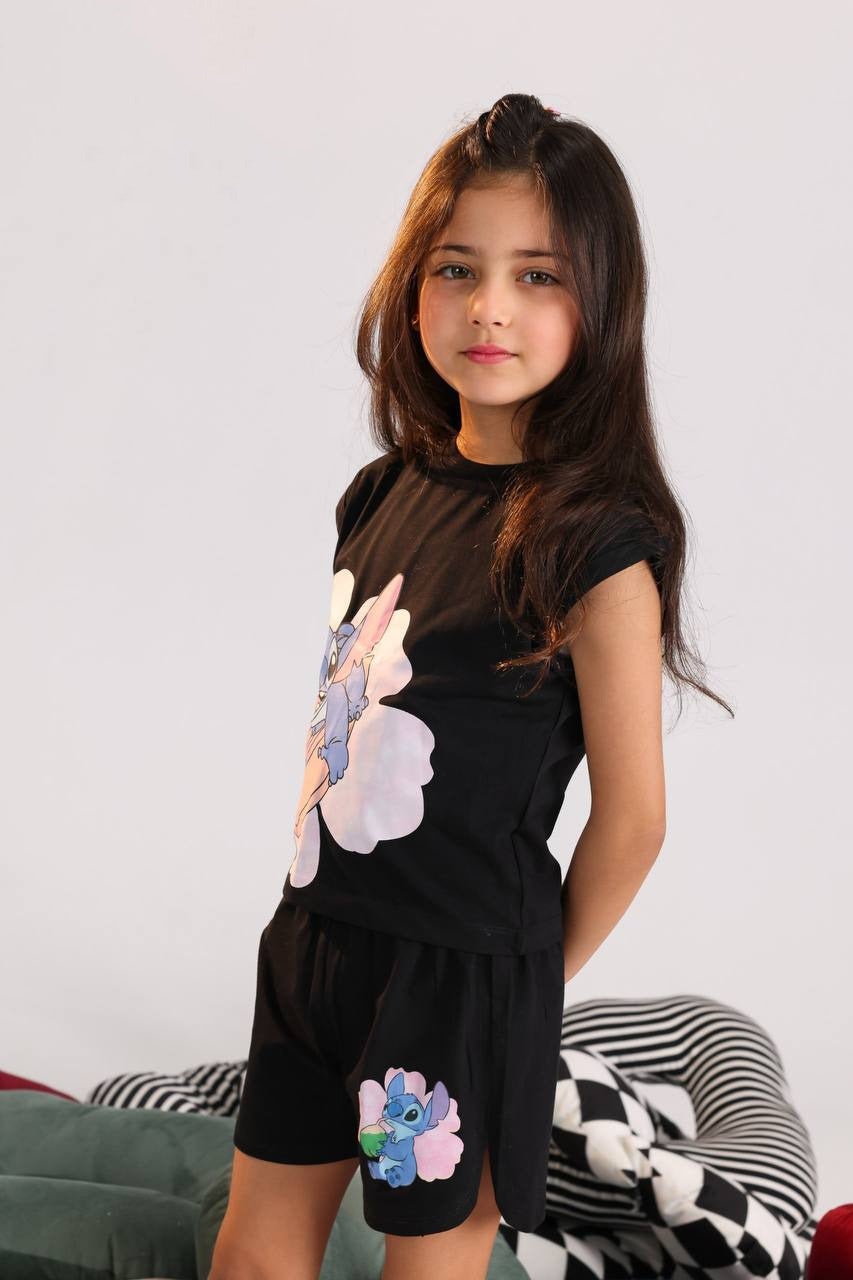 Girls Black Stitch Summer Set – Cute Cartoon Top & Shorts