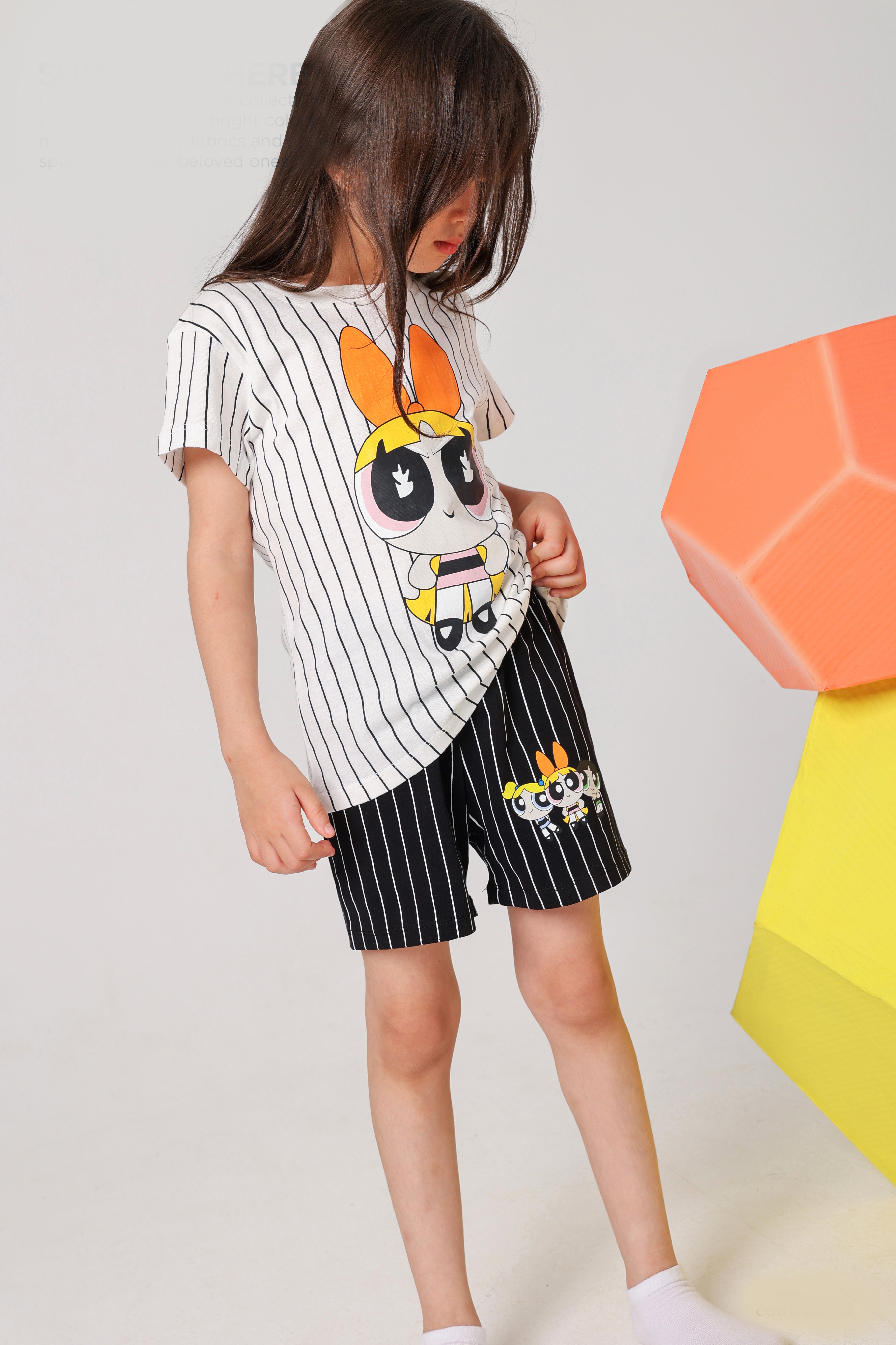 Girls Cartoon Print Pajama Set – Striped Summer pajama