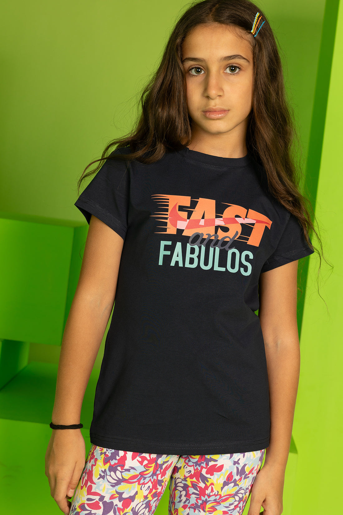 Girls’ Black Tee with “Fast and Fabulous” Print & Colorful Floral Capri Leggings Set
