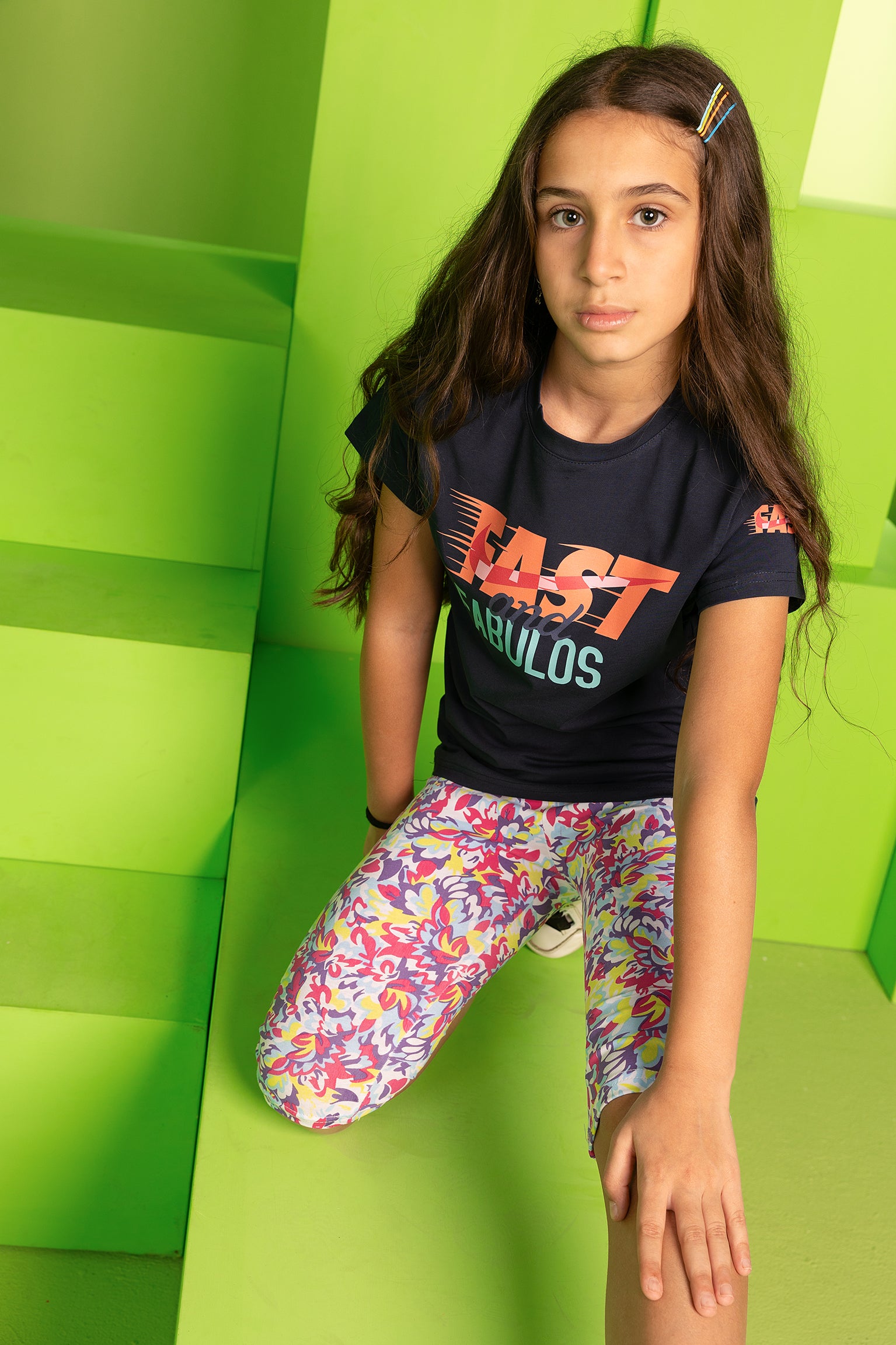 Girls’ Black Tee with “Fast and Fabulous” Print & Colorful Floral Capri Leggings Set