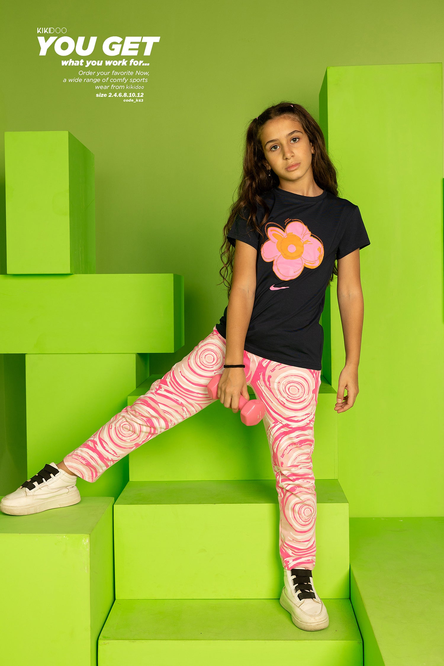 Girls’ Floral Print Sports Set – Black Tee with Pink Flower & Marble Leggings