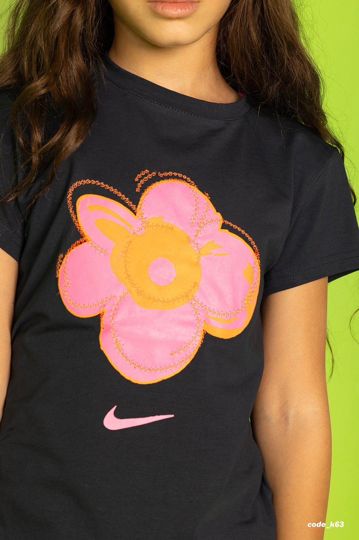 Girls’ Floral Print Sports Set – Black Tee with Pink Flower & Marble Leggings