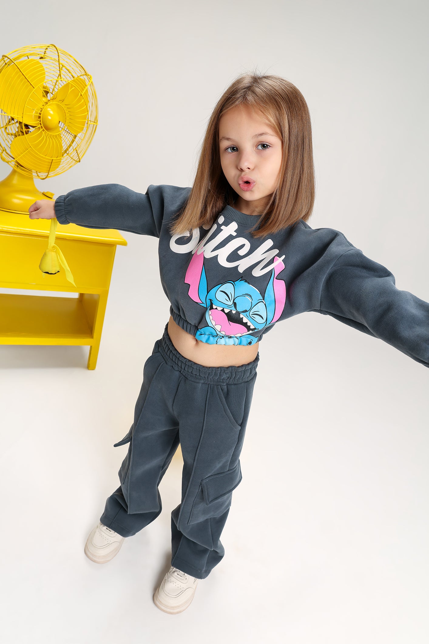 Girls’ Stitch Melton Cotton Winter Tracksuit – 2-Piece Crop Sweatshirt & Cargo Pants Set (Dark Grey)