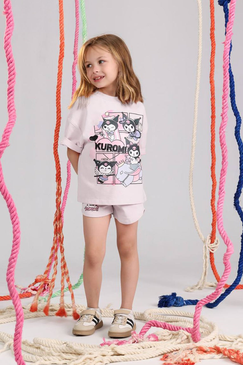 Kuromi Girls’ Oversized Summer Set – Light Pink Tee & Shorts