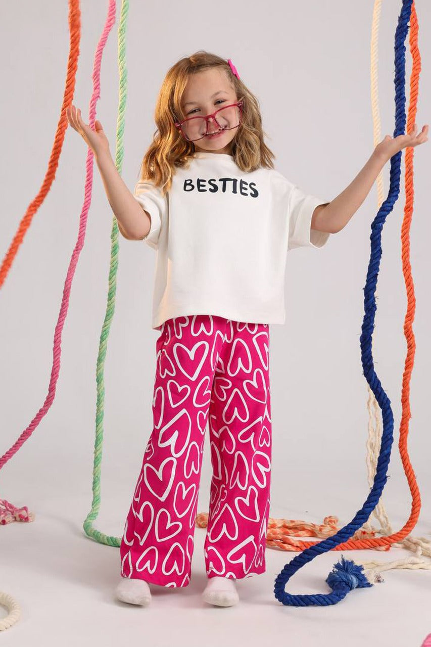 Besties Girls Casual Set – White Top & Pink Heart Print Pants