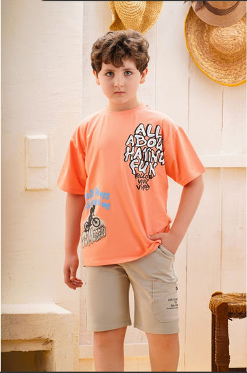 Boys Peach Graphic Oversized T-Shirt with Beige Shorts Set