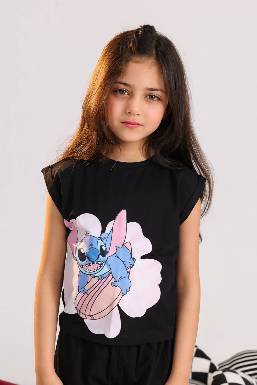 Girls Black Stitch Summer Set – Cute Cartoon Top & Shorts