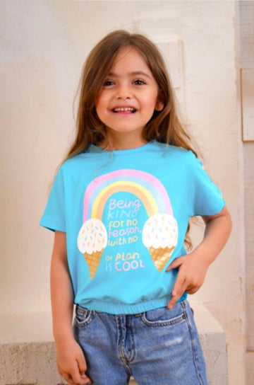 Girls Rainbow Ice Cream Graphic T-Shirt – Sky Blue Summer Tee