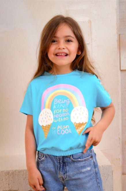Girls Rainbow Ice Cream Graphic T-Shirt – Sky Blue Summer Tee