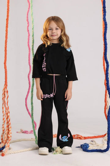 Disney Stitch Girls Black Summer Set – Oversized Crop Top & Jogger Pants