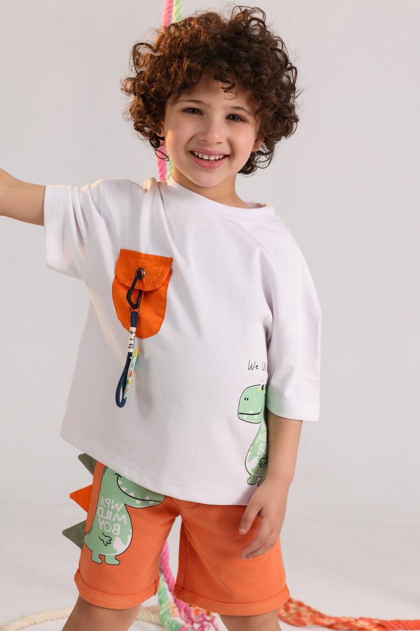Boys Dino Pocket Summer Set – White Oversized Tee & Orange Shorts