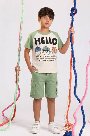 Hello Boys Casual Summer Set – Printed T-Shirt & Green Cargo Shorts