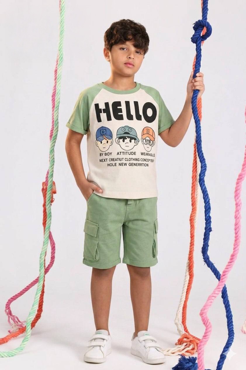 Hello Boys Casual Summer Set – Printed T-Shirt & Green Cargo Shorts